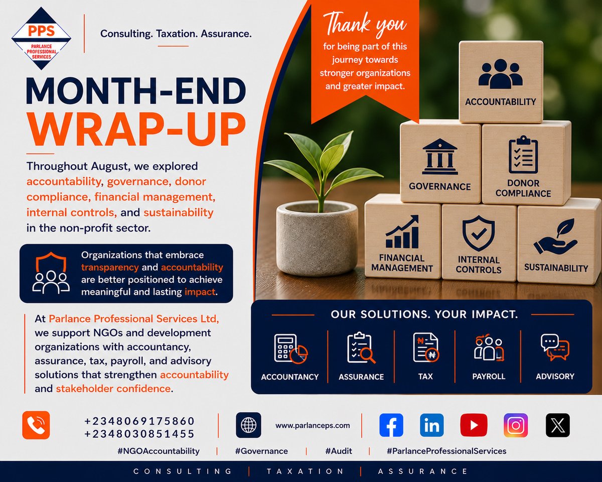 ParlancePS's tweet photo. In August, we explored accountability, governance, donor compliance, financial management, internal controls, and sustainability in the non-profit sector.
Organizations that embrace transparency and accountability are better positioned to achieve meaningful and lasting impact. https://t.co/d7fLFTDK11