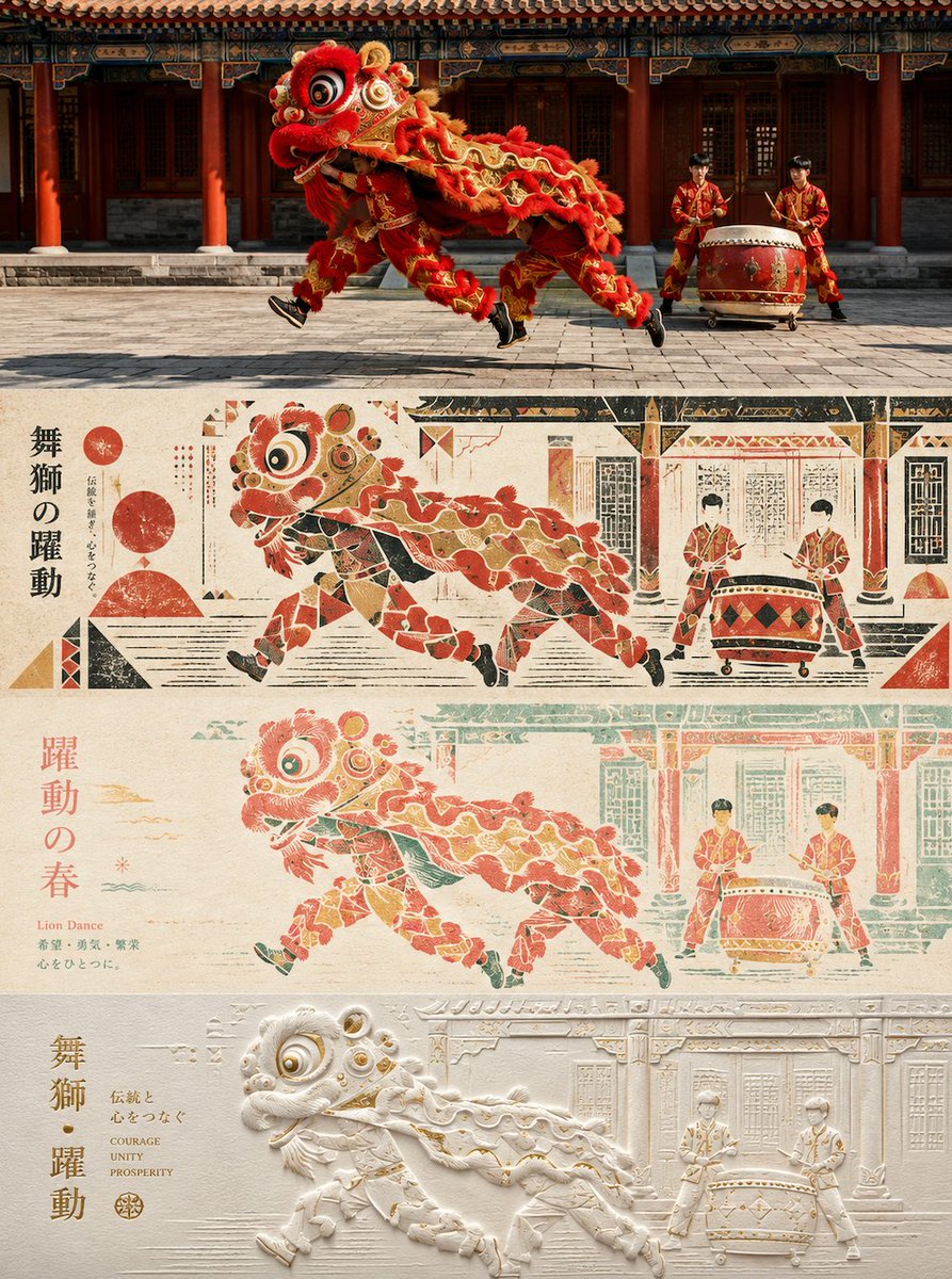 zhidawang219555's tweet photo. 🥳继续探索4拼风格

原图 → 民俗几何拓印 → 限色木刻版画 → 东方金色压印浮雕

评论区留下你的作品，一起解锁有趣的风格🥰

#gptimage2 #prompt https://t.co/NhaHsDCFkq