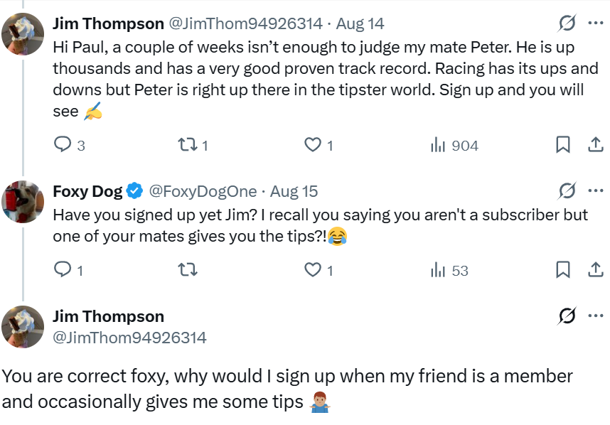 FoxyDogOne's tweet photo. @carljackalhayes @DylanEvans74 @Betracingnation Even Jim/Pete hasn't signed up! 🤣 https://t.co/w4NzS6U0HH