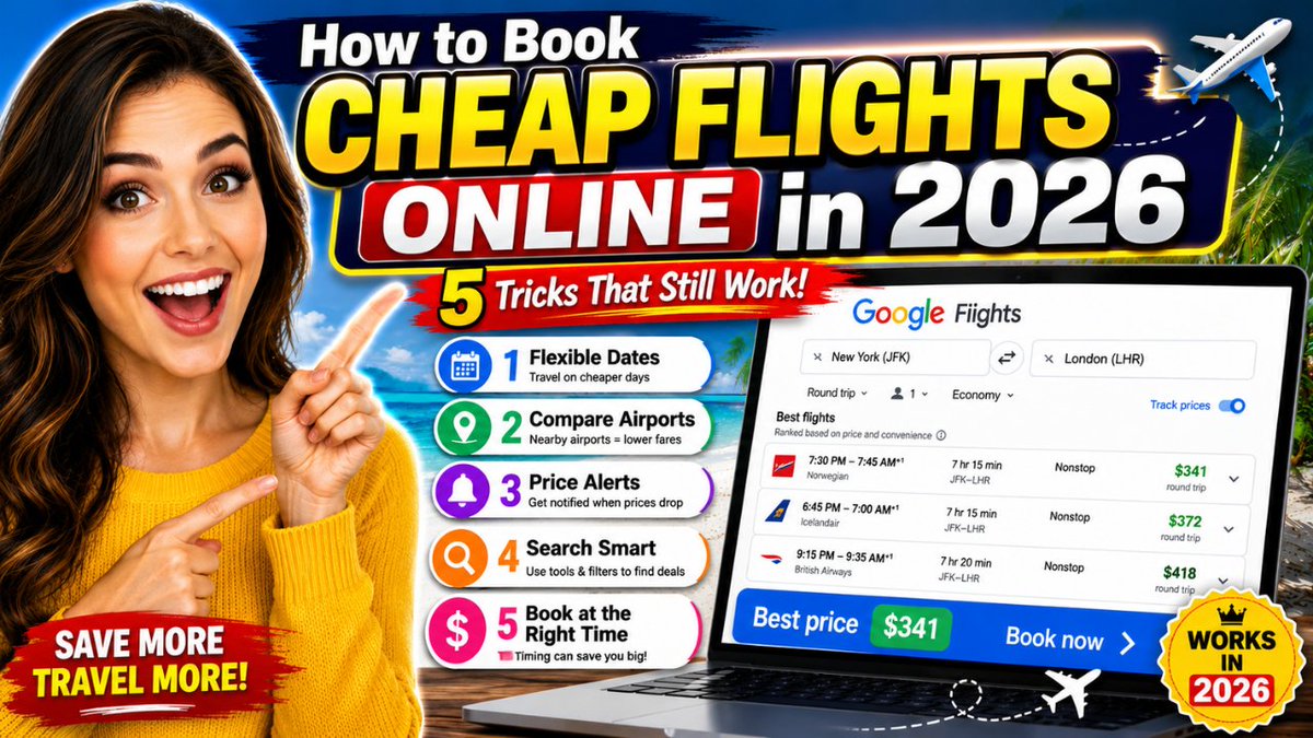 Amarasmith8979's tweet photo. How to Book Cheap Flights Online in 2026 ✈️ 5 Tricks That Still Work!

Watch Now- https://t.co/wgflEFhrpa https://t.co/X3IpkwL1I6