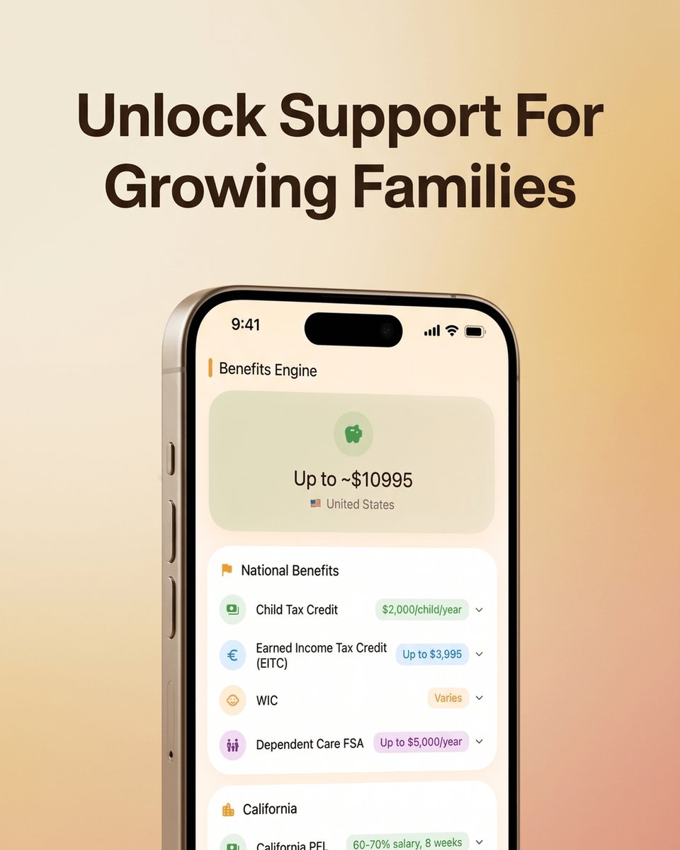 LulloviApp's tweet photo. Child Tax Credit: $2,000/child/year
EITC: up to $3,995
WIC: varies
Dependent Care FSA: up to $5,000/year
Lullovi's Benefits Engine. One screen.
Free. Link in bio.
#SleepRegression #ParentingHacks https://t.co/nGYlBd4sb9