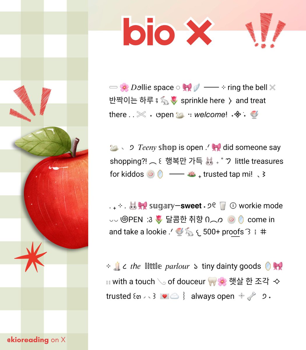kioreading's tweet photo. ⠀
꒰๓ ^ ^ ꒱ 🪁🐣 hElP RT? TYSM! .◞ 

やっほー！>___🍎⭐ kio kembali membawa 8 bio wording 𓏵 💭📮 tema pinky &amp; kidcore 💭🌸 ꔛ seharga 3.500 / each ╭╯ checkie ALT for details യ 💧🥕▷

﹙#zonauang #bealanja﹚
⠀ https://t.co/6kLUiu75kQ