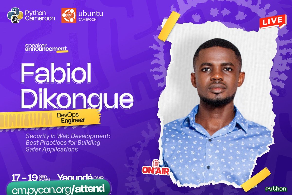 PythonCameroon's tweet photo. Build applications that are not just fast, but unbreakable! 🛡️💻

Join Fabiol Dikongue (DevOps Engineer) at #PyConCMR with @UbuntuCameroon!

💡 Security in Web Development: Best Practices for Building Safer Applications

🔗 https://t.co/Z4hMADRJ0k

🎟️ https://t.co/feKPpN5Djg https://t.co/A0wisI4DYk