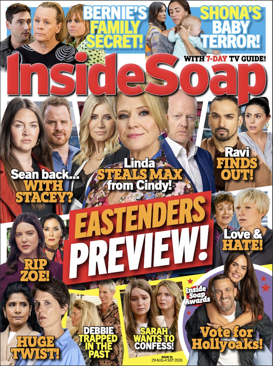 InsideSoapMag's tweet photo. Here's your new issue of Inside Soap! 😘 we look to the future of #EastEnders in a huge preview 😲 in #Corrie, Bernie struggles with a family secret 🤫 and, in #Emmerdale, Sarah wants to fess up! 🫢 PLUS, exclusive chats with #Hollyoaks stars! ✨

Out in the shops or download❤️ https://t.co/bs75GCrplq