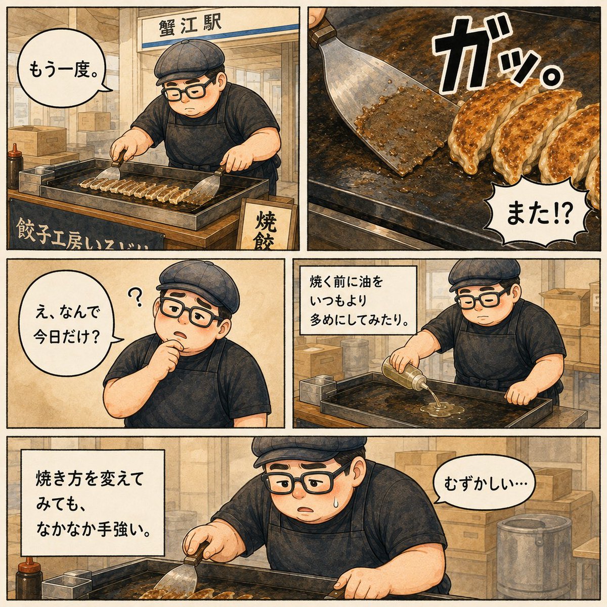 irodorigyoza's tweet photo. 【餃子、本日ここから動きません。】
蟹江駅で出張販売中、焼けた餃子にヘラを入れたら…ガッ。

全然鉄板から離れない😂

焼き方や油を変えても手強い。ところが店に戻ると同じ鉄板でスルッ。あの3日間は何だったんだ（笑）鉄板も場所見知りする？

出張販売、売る以外にも色々起こります😂 https://t.co/jwmaKBAKQi