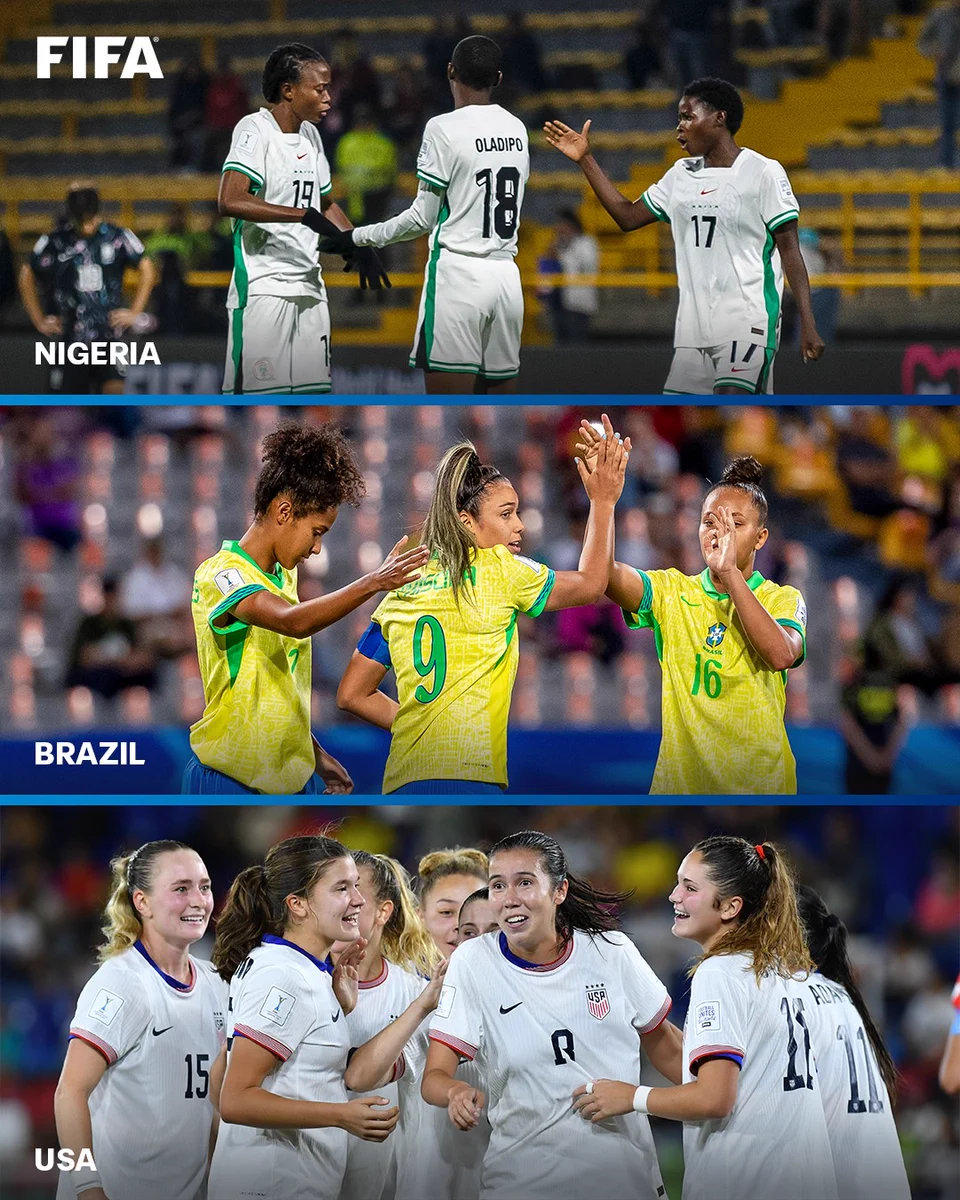 A three-way splitscreen image with photos of Nigeria, Brazil and USA competing in previous editions of the FIFA U-20 Women’s World Cup.