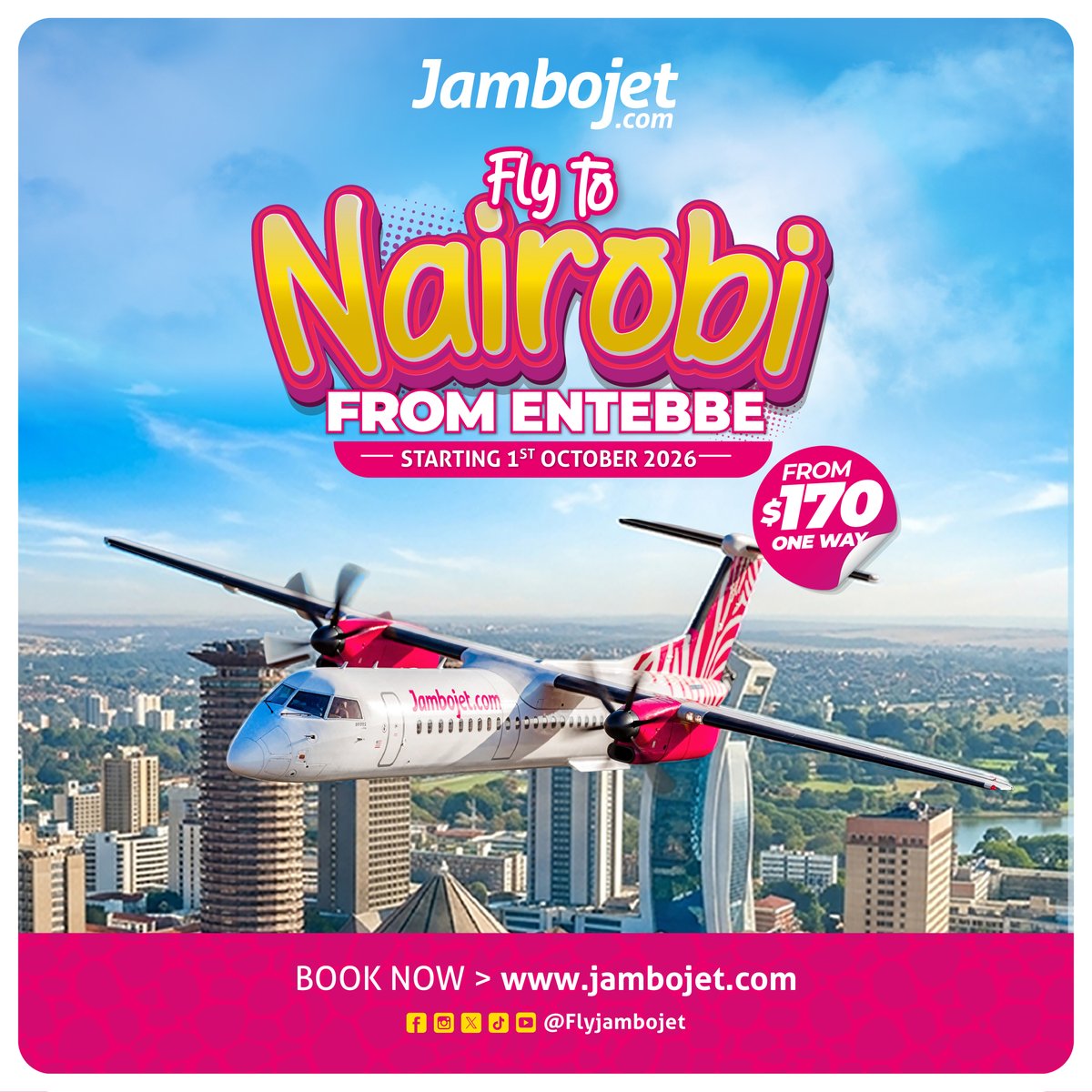 FlyJambojet's tweet photo. Ki Kati Uganda. ✈️
From 1st October 2026, fly daily from Entebbe to Nairobi with Jambojet, with one-way fares starting from USD 170.

Flights are now available for booking on our website. Get ready to experience Jambojet in Uganda.