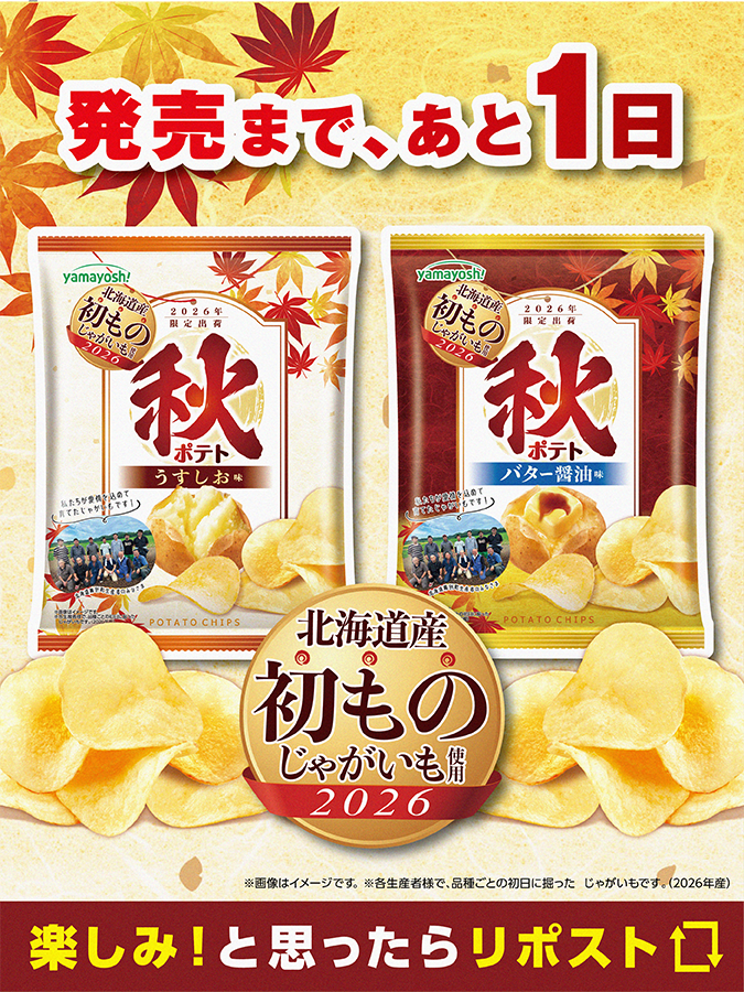 yamayoshiseika's tweet photo. ✨発売まであと、１日✨
秋🍂を味わうポテトチップスが今年も登場！
【NEW】ポテトチップス #秋ポテトうすしお味
【NEW】ポテトチップス #秋ポテトバター醤油味
本日！全国で２品同時発売開始🐮！

北海道産の「初もの」じゃがいもを使用した今だけのおいしさ！じゃがいもの旬の時期である秋に毎年発売し、人気を博している『秋ポテト』を今年もリニューアル！いち早くお客様に旬のおいしさをお届けするべく、北海道産の“初もの※”じゃがいものみにこだわった商品です。秋だけの特別なおいしさをお楽しみいただけます。味わいは、初もの※じゃがいものおいしさを楽しめる「うすしお味」と「バター醤油味」の2種類で発売いたします。秋の訪れを感じられる季節限定のおいしさです。この機会にぜひお楽しみください✨
※初ものとは、各生産者で品種ごとの初日に掘ったじゃがいもになります。（2026年度）