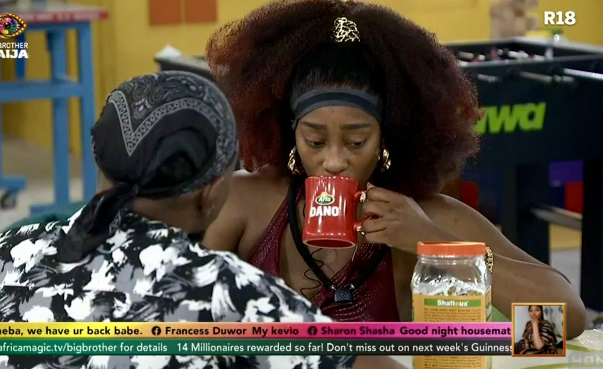 ShebaGamde's tweet photo. Queen Sheba having some @danomilkng tea while looking irresistible in @lushhairnigeria 😍💓👑🫶🏽

#BBNaija
#ShebaGamde https://t.co/y3rCnYZrhf