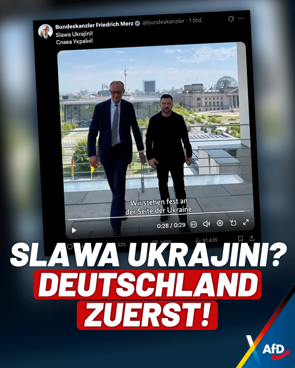 AfD's tweet photo. In einem rund 30 Sekunden langen Video feiert sich Kanzler Merz für seine Unterstützung der Ukraine, während es ausschließlich die deutschen Steuerzahler sind, die dafür aufkommen. Wir wissen nicht, ob sich Merz eigentlich als ukrainischer Kanzler fühlt, sicher ist jedoch: Deutschland kommt für uns immer zuerst! 
Video: https://t.co/3ZakMilSeY