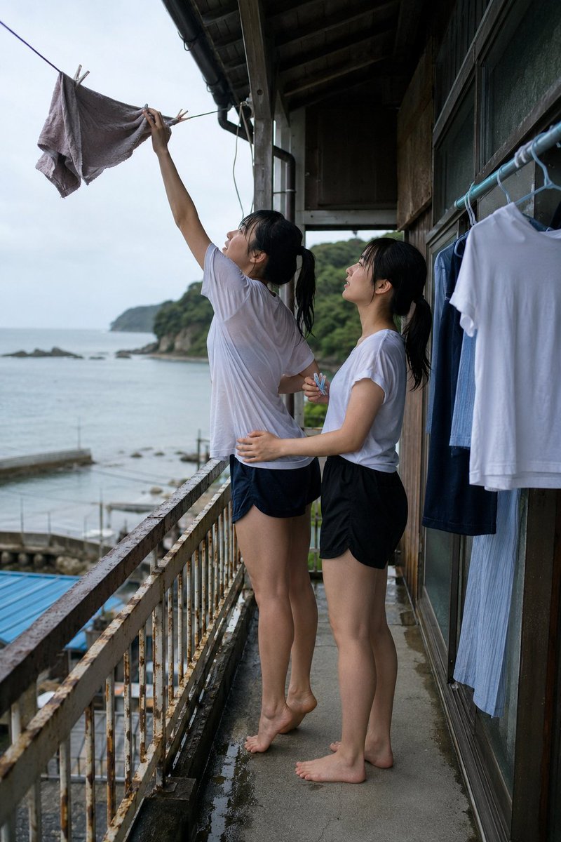SeifukuL0ve2's tweet photo. The rain had just stopped, but the wind clearly wasn’t done yet.

One towel, one awkward stretch, and a little help from a friend. 🌧️🌊

#AIart #AIphotograph #SummerRain #Seaside #LaundryDay #日常写真 #夏の日 #雨上がり #プロンプト共有 #AI美女 #女子高生 #PromptShare #裸足 #裸足女子