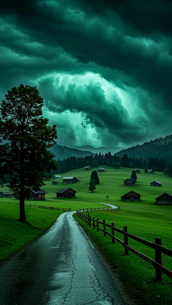 Veyravoice's tweet photo. Some places feel like they’re waiting for you.  
This road. These hills. This storm-light.  
No traffic. No noise.  
Just fences, grass, and clouds heavy enough to hug the mountains.  
If loneliness had a landscape, it would look like this.
Good afternoon 🤍🌿 https://t.co/JGQa5ABW8l