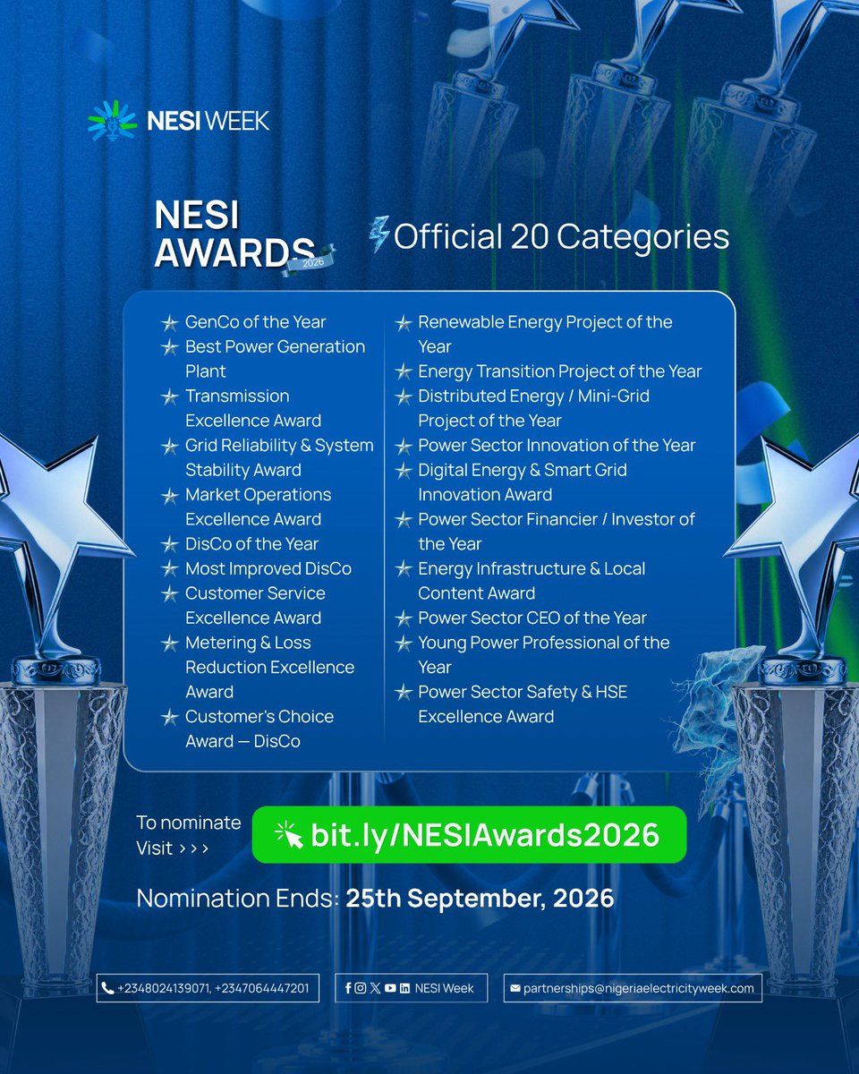 NESIWeek's tweet photo. There are people, organisations and projects changing Nigeria’s electricity sector.

Now, it’s time to recognise them. 🏆

Nominations for the NESI Awards 2026 are open.

🗓️ Closes 25 Sept.
🔗 https://t.co/WC9qA1Urh5

#nesiawards2026 #nesiweek2026 #powersector https://t.co/NsuC9Dcx9h