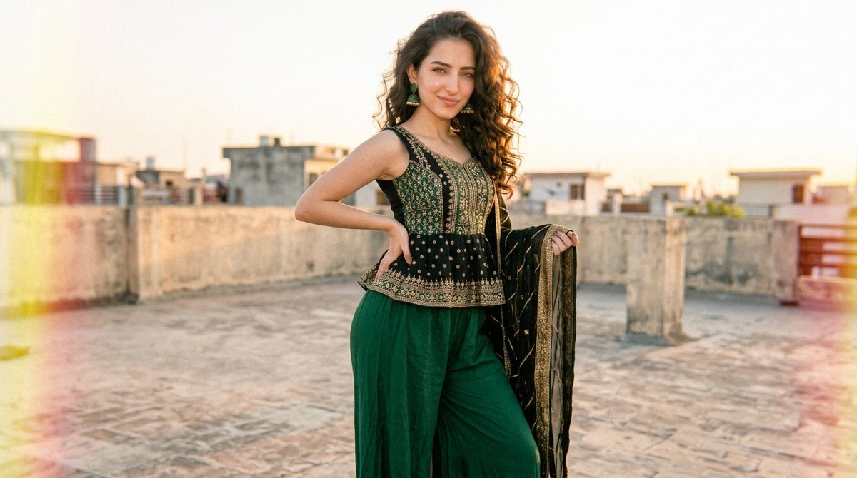 pixel_labs_AI's tweet photo. Structured Peplum × Palazzo. Modern black structured peplum choli with emerald and gold Pakistani embroidery, paired with flowing emerald palazzo salwar and a lightweight black-and-gold dupatta. Voluminous curls gathered into a half-up hairstyle, bold kajal, warm bronze eyeshadow, sculpted cheeks and muted red lipstick. Large gold earrings, layered bracelets and delicate rings.