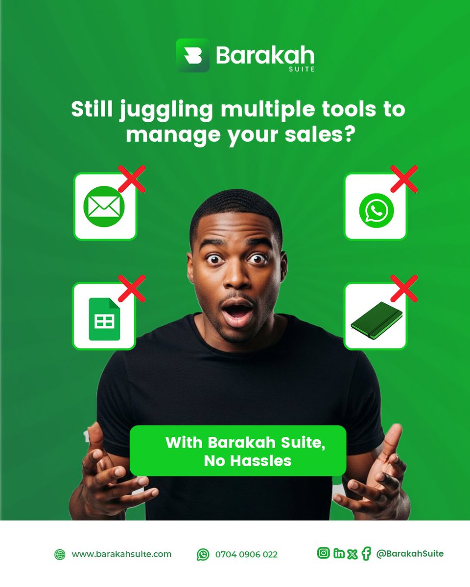 barakahsuite's tweet photo. Still managing your sales across WhatsApp, spreadsheets, emails, and notebooks? 😩 It’s time to simplify. With Barakah Suite, bring your sales operations together in one powerful platform. 🚀

One Platform. One Ecosystem. Endless Opportunity.
#BarakahSuite #SalesManagement  #SMEs https://t.co/DRUA9xtGBI