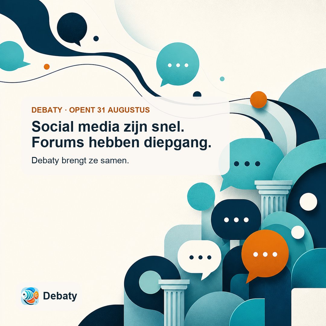 debatycom's tweet photo. Social media zijn sterk in wat er nú gebeurt. Forums in gesprekken die blijven.

Debaty brengt die twee samen: volg mensen en onderwerpen, plaats korte bubbels en verdiep ze tot debatten.

Maandag gaan de registraties open.

https://t.co/Tskz7AkOye https://t.co/bBynU5yoU5