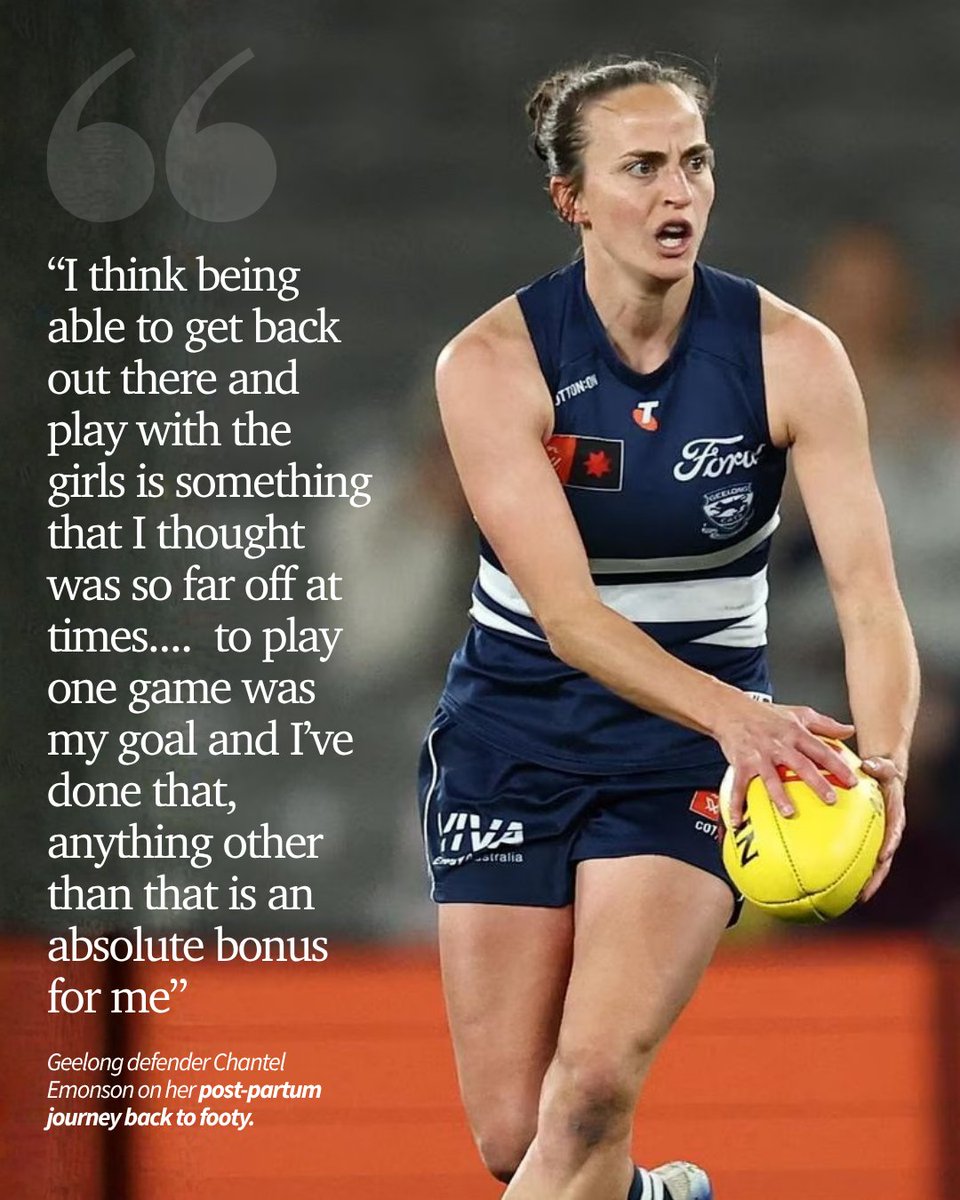 geelongaddy's tweet photo. With more than 650 days between games, new mum Chantel Emonson has navigated erratic sleep, pram laps at the oval and a gruelling off-season program. Now, the AFLW star reveals how it felt to play again with baby Luna by her side 💙🤍👉 https://t.co/Uw0hzQu3nT https://t.co/VoS88NgBC4