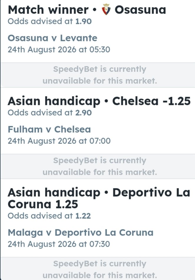 betting_guy_Tn's tweet photo. Second pick :
Match winner • Osasuna
Odds: 1.90
Osasuna v Levante
Asian handicap • Chelsea -1.25
Odds: 2.90
Fulham v Chelsea 
Asian handicap • Deportivo La Coruna (1.25
Odds: 1.22
Malaga v Deportivo
Total odds : 6.72
Bet : 10$ 
Return: 67.2$
Profit target: 57.2$ https://t.co/ufHLpD0duy