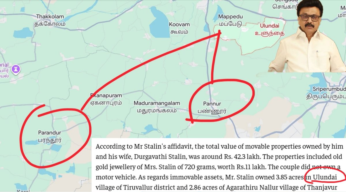 A_n_b_e_S_i_vam's tweet photo. What the heck 😳😳😳

Stalin family's Ancestral land is near  Parandhur ?? 

So This is why DMK ians are Jumping up &amp; down ?? 

அடப் பாவிகளா.. தமிழ்நாட்டு மேல அக்கறை மாதிரி போட்டீங்க பாருடா ஒரு நடிப்பு!! https://t.co/DvEaBPNsLO