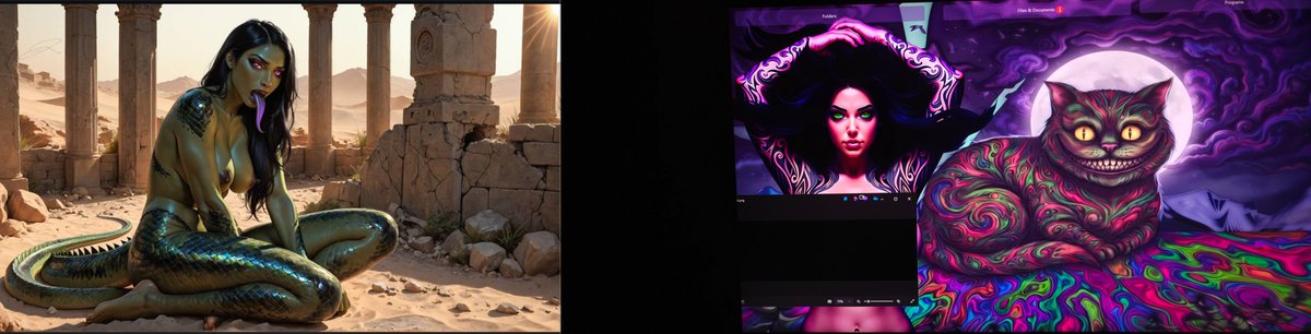 OnknightStudio's tweet photo. So I'm a little confused here's two pieces one I think is superior and the other one I think is just your boring science fiction piece.  And I created both @DeviantArt  Community like the lizard woman but when it comes to my peace Acid Trip Cheshire Cat the response was silence
I think Cheshire Cat is a better piece personally
But likes and download are the name of the game when you post to deviantArt and they liked lizard woman better

I don't fucking get it probably I never will