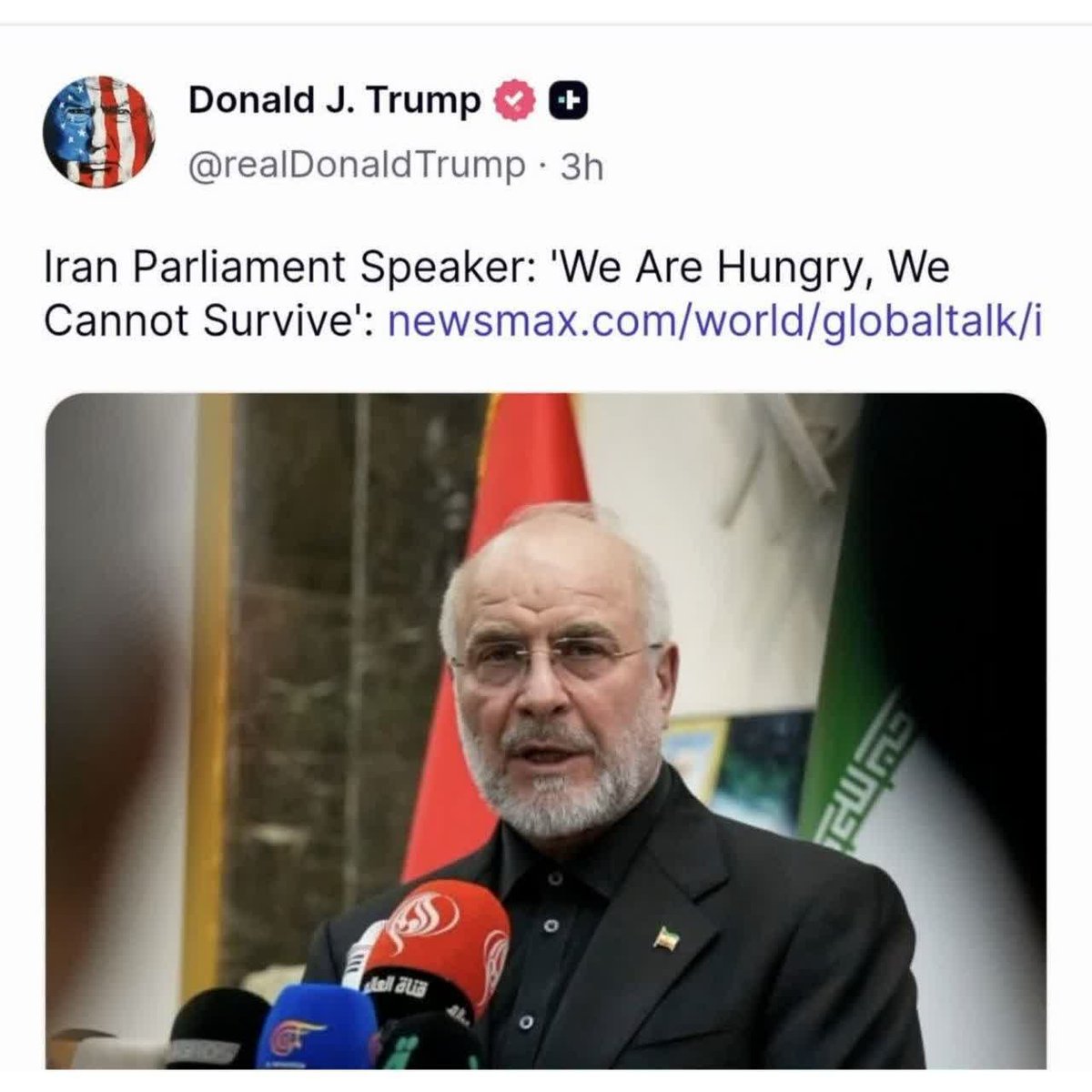 AbnikiMohamaad's tweet photo. ترامپ سخنان قالیباف رو بازنشر کرد:

«رییس مجلس ایران گفت: ما گرسنه هستیم. ما توان ایستادگی نداریم.» https://t.co/hjTUfICa1E