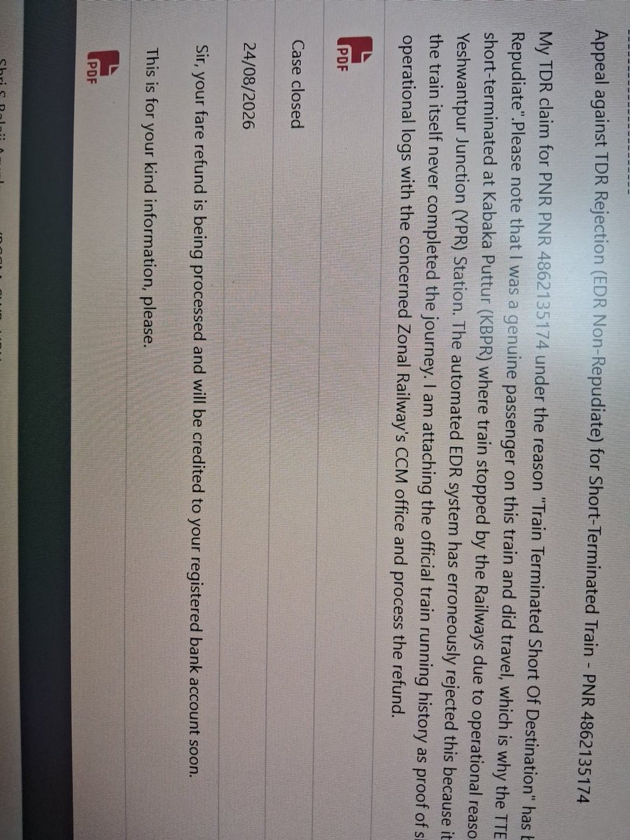 kkg92's tweet photo. @ahmedmq2704 @RailMinIndia @SWRRLY @GMSRailway @RailMadad So after 21 days of filing a grievance on CPGRAMS, today case is closed with remarks "your refund is being processed". 
@AshwiniVaishnaw Sir, please automate the refund process when a train is cancelled/short terminated.
It took a grievance and 21 days for refund to be processed. https://t.co/ToY9qrEEVz