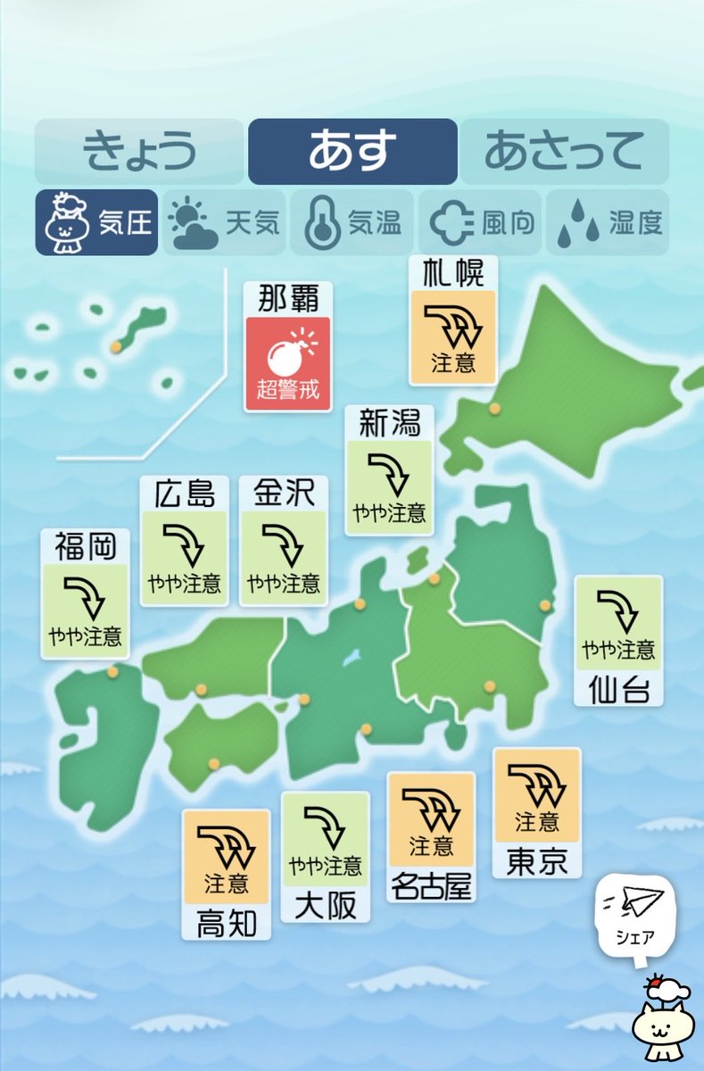 kudekentsukasa's tweet photo. 8/25(火)気象病予報
💥猛暑・ゲリラ豪雨・4つの台風に警戒

・最高気温35〜40℃の地域多数
・天気の急変、ゲリラ豪雨のリスク大
・4つの台風発生中　18号は勢力拡大
・室内外の気温差広がる

①猛暑・酷暑による熱中症に注意が必要です。暑さが連続して体が弱っているので、いつも以上に熱中症になりやすくなっています。

②天気の急変リスクも続きます。
台風と重なり、頭痛や倦怠感、めまい、関節痛、メンタルの不調などが起こりやすいです。

③外が暑い分だけ寒暖差疲労や冷房病の影響も大きくなります。
体の重だるさ、やる気の出ない感じ、冷え、胃腸の不調などが起こりやすい条件です。

【今日のセルフケア】
・70%くらいのエネルギー量で過ごす
→暑さや自律神経の乱れの蓄積などで、自分が思っている以上に無理がききません。
少し余力のある過ごし方を意識しましょう

・お腹に手を当て、目を瞑って深呼吸
→なんだかメンタルの調子が悪いとい���方も少なくないでしょう。深呼吸にはじりつを整えメンタル面を安定に向かわせる働きがあります。

#気象病
#台風
#ゲリラ豪雨