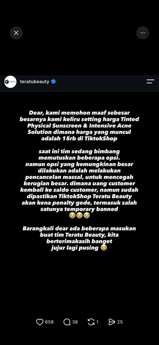 txtdarionlshop's tweet photo. tim teratu pasti lagi nangissss 😭
15rb sunscreennya diserbu retail, ada yg checkout 192pcs njir. kalo jadi cancel massal auto kena penalty tiktok pula https://t.co/TGxTzbCUVm