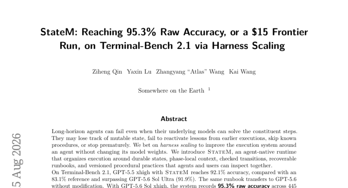 LOLML_GmbH's tweet photo. Huggingface #1 Paper of the Week: 2026-08-16..2026-08-22

StateM: Reaching 95.3% Raw Accuracy, or a $15 Frontier Run, on Terminal-Bench 2.1 via Harness Scaling

Authors: Ziheng Qin, Yaxin Lu, Zhangyang Atlas Wang, Kai Wang https://t.co/PaB5Nv70PE
