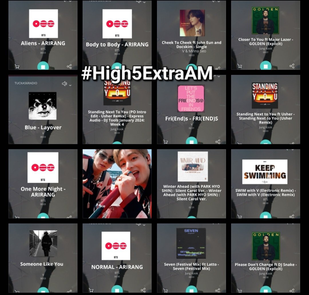 TaeKook_Radio's tweet photo. Thanks @RadioTucka56 for 🎶 by #V #JUNGKOOK &amp; #BTS this morning on the #High5ExtraAM

#Aliens #ARIRANG 
#BodyToBody 
#CheekToCheek #MinnaSeo
#CloserToYou #MajorLazer
#Blue #LayoVer 
#StandingNextToYou #Usher x 2
#Golden 
#FRI_END_S 
#OneMoreNight 

#TKRadio ✨️❤️💜🫶🤝 https://t.co/hIMbELmE3c
