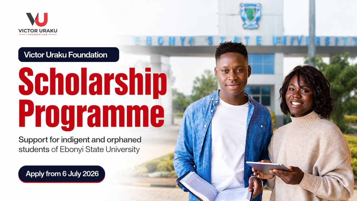 sch0larshiptipz's tweet photo. Victor Uraku Foundation Scholarship 2026
Study Destination: Nigeria
Benefits: Scholarship Award & Educational Support
Category: Undergraduate
Click to Apply:
https://t.co/dgmNkCUNGJ
Deadline: Not Specified
#Scholarship #Scholarships #FullyFunded #StudyAbroad #ScholarshipTips https://t.co/zFucmmEKmo