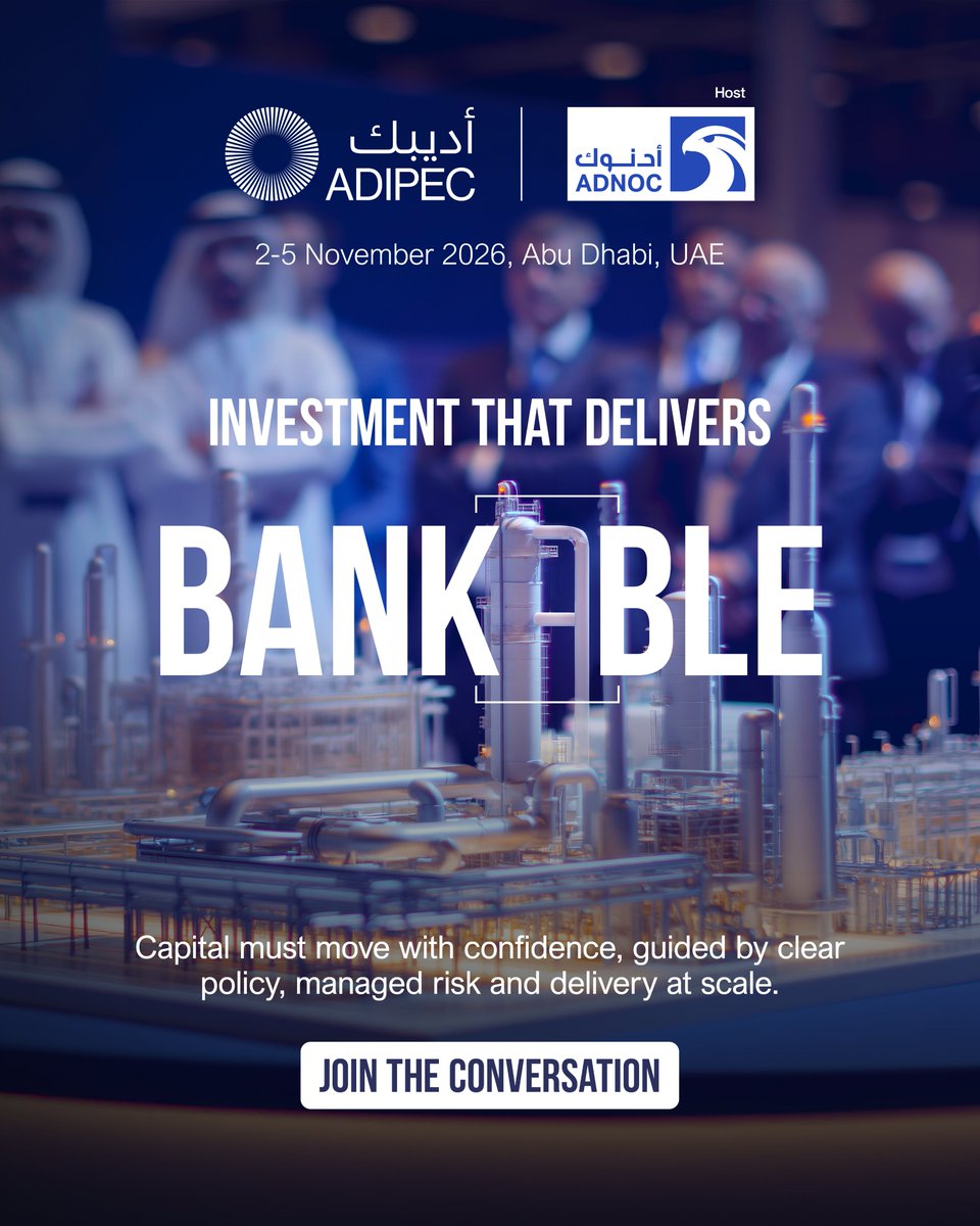 ADIPECOfficial's tweet photo. Energy security depends on investment that moves with confidence and delivers with purpose.

As demand rises and systems become more complex, capital must be directed towards the infrastructure, technologies and industrial capability that strengthen supply, improve performance and create long-term value.

ADIPEC brings together investors, policymakers, project developers and industry leaders to connect capital with opportunity, advancing the partnerships and priorities that will shape the next generation of energy systems.

Join global energy leaders at ADIPEC, taking place from 2–5 November 2026 in Abu Dhabi. Register as a visitor: https://t.co/RG5kSWAkvB

#ADIPEC #ADNOC #EnergyInvestment #EnergySecurity