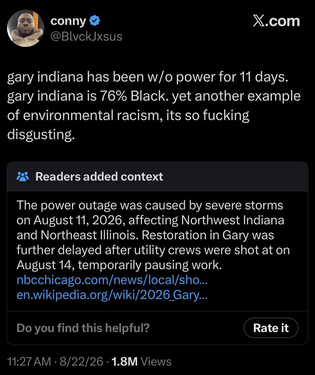 AmiriKing's tweet photo. Gary Indiana - 76% black ✊🏿

Mayor - black ✊🏿

Entire city council - black ✊🏿

City clerk - black ✊🏿

Every electric company executive - black ✊🏿

Police - 57% black ✊🏿

People shooting at the electric company - black ✊🏿

Excellence - black ✊🏿

Whose fault is it? - white ✊🏻 https://t.co/gI0y4wADRl