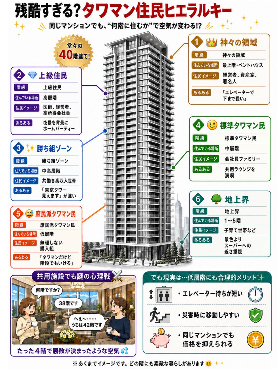 teppei_free's tweet photo. タワマンの低層階に住む友人から聞いた
残酷すぎるタワマンのヒエラルキー https://t.co/D042gzRLaa