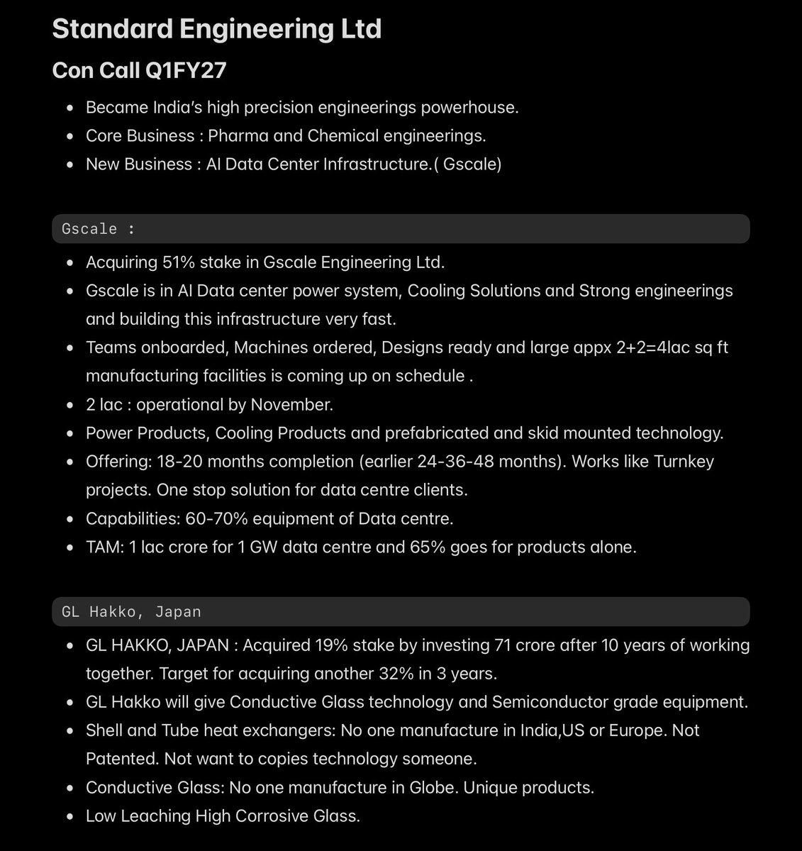 Dr_ArvindB's tweet photo. Standard Engineering Ltd.
Two Engines, both have sectoral tail wind.

My notes on Con Call Q1FY27. https://t.co/EQxMP1lDVk