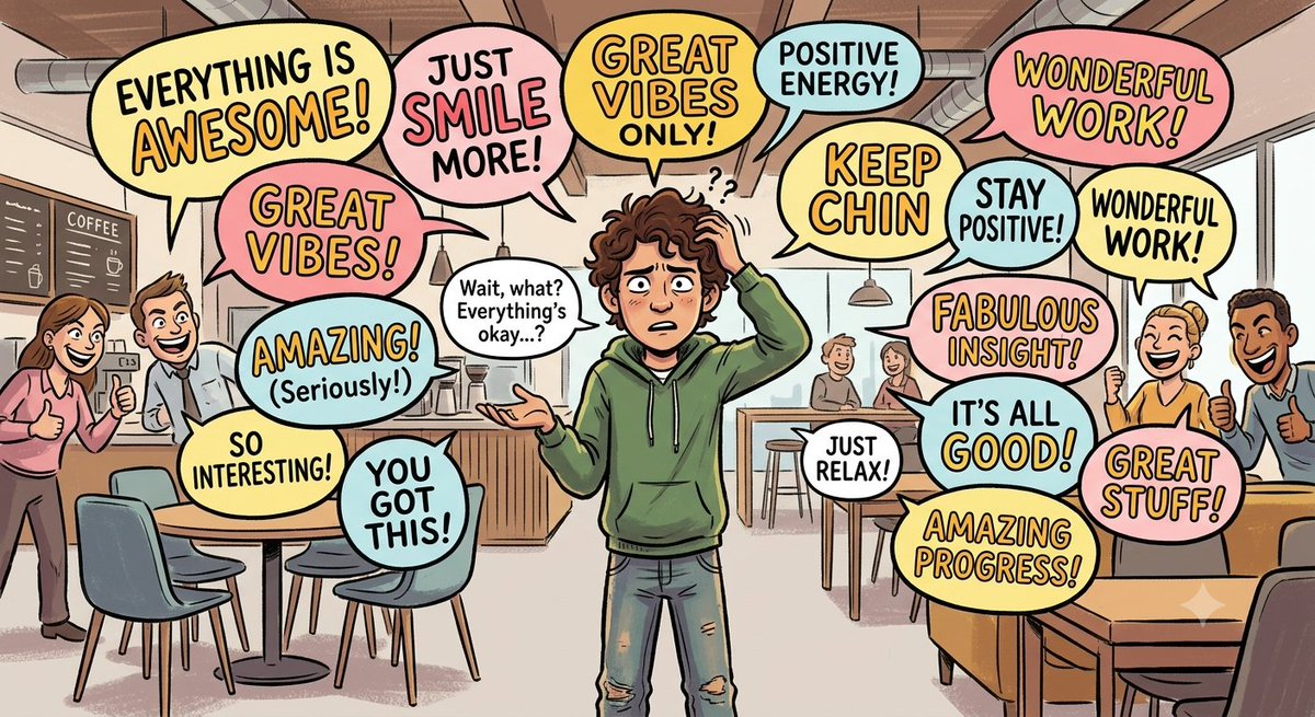 ASychov's tweet photo. I would like to introduce a phrase of "Toxic Positivity". 

It is something which is ruining and slowing down innovation and makes everything feel "meh"... 

What's that you ask? Well, do you happen to know a person (even here on X) who will NEVER say anything negative? Each tech release is AMAZING, each software drop is INTERESTING. Each interaction is VAUGE without actual opinion? 

Yes, that's a type of nothingburger toxic positivity.

As an entrepreneur I would rather hear real direct feedback to my product (even if its bad, and trust me I hear A LOT of that haha 😆) then this positive slop. 

That doesn't mean I would agree with everything but I need to hear it. I might even confront it, but I still analyze it. Think about it. 

Also this doesn't mean that we need to be toxicly negative. We just need to be real. 

Stop being toxicly positive, start being REAL. It's OK to disagree with each other. It's ok to debate. It's OK to be Genuine. 

Thanks for coming to my TED talk 🙇

P.S. yes I generated this image with AI.