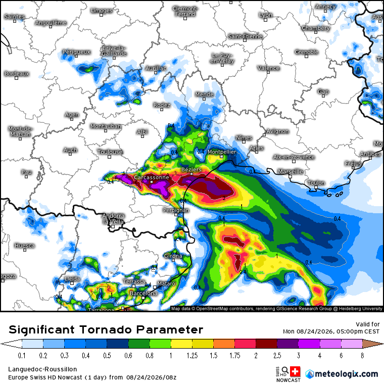 ExtremeMeteo's tweet photo. Sans aller jusqu'à dire que ça va s'y dérouler à 100%, ce qui ressort des modélisations c'est un très gros risque supercellulaire et tornadique entre nord Aude et Hérault-Gard entre fin d'après-midi et début de soirée. On n'a pas fréquemment de tels indices supercellulaires et tornadiques.

Je ne serai pas étonné qu'une grosse tornade se manifeste sur ce secteur. (sans l'affirmer je le répète à 100%, on évoque toujours le mot de "risque")

Pour rappel, y a déjà une suspicion de tornade sur l'évènement orageux violent de Peyrehorade (40) hier soir.
