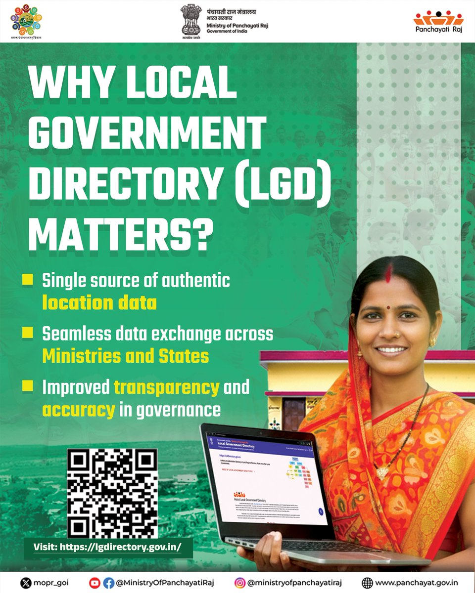 mopr_goi's tweet photo. LGD (Local Government Directory) ensures uniform and reliable local government information, helping governance systems work better from village to national level.
Visit Here: https://t.co/RjFho6GSM8
#LocalGovernmentDirectory #LGD #GoodGovernance #PanchayatiRaj #MoPR https://t.co/3TVqNJqV17