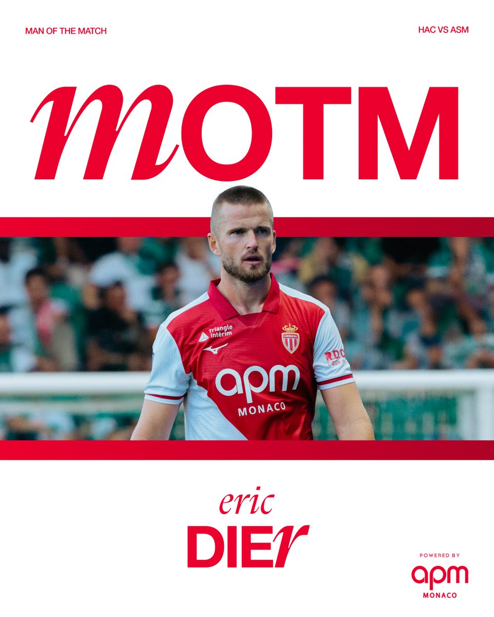 AS_Monaco's tweet photo. 𝐄𝐫𝐢𝐜 𝐃𝐢𝐞𝐫 est votre 𝐌𝐕𝐏 de la victoire face au Havre ⭐️

Auteur du but victorieux (0-1), le défenseur Anglais a été désigné par les supporters sur l’AS Monaco App ↓
