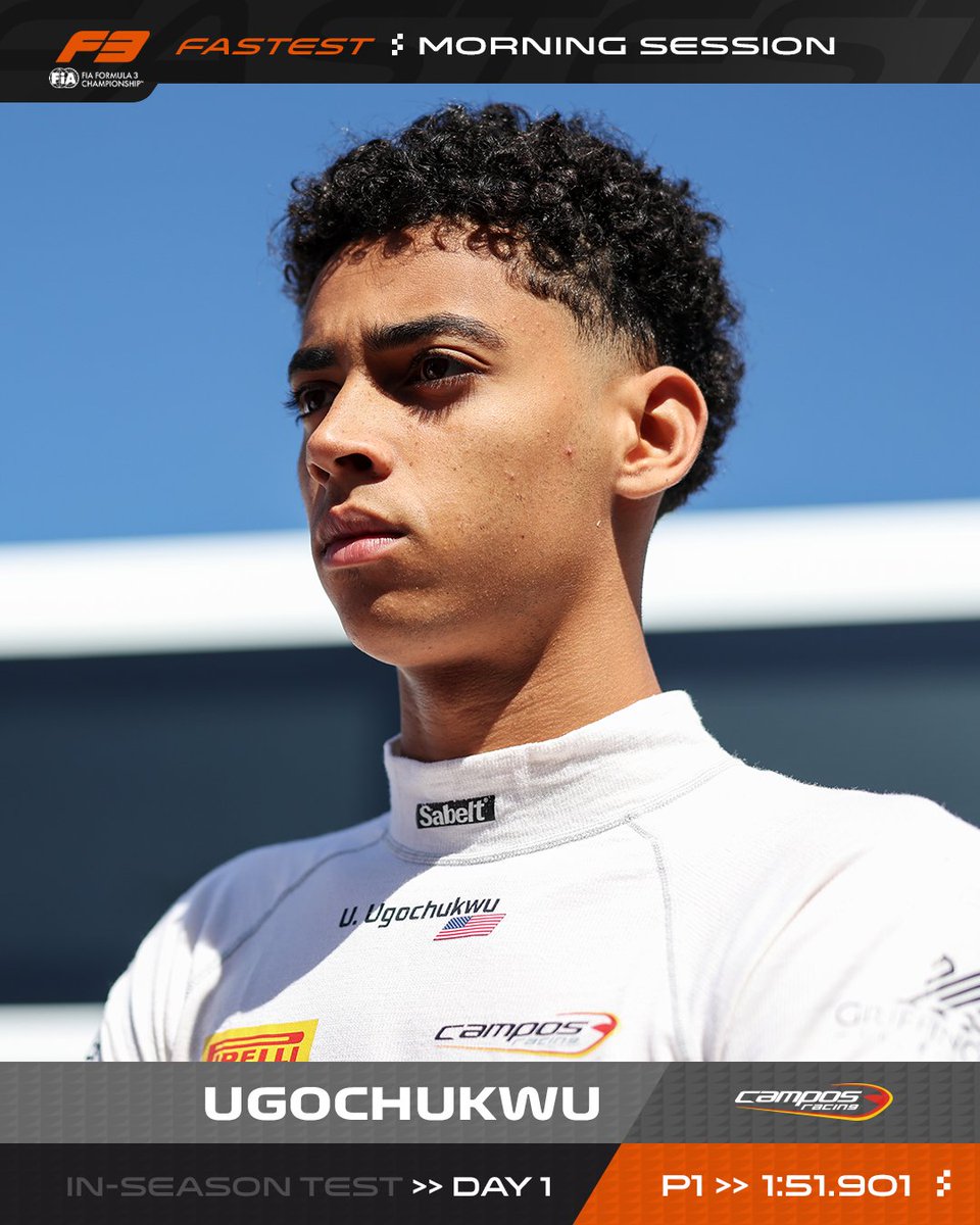 Formula3's tweet photo. Ugochukwu off to a flying start 😮‍💨☝️

Ugo tops the times on the opening morning of in-season testing at the @madring_oficial with a 1:51.901 🟣

#F3 #F3Testing https://t.co/qi5Pc0Vw3O