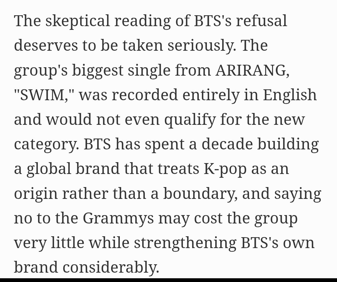 amlysbang's tweet photo. — The Grammys Created An Asian Pop Category. BTS Said No. [Forbes]

What The Institution Cannot Take Back

What BTS holds instead of a trophy is an audience, and that audience is more than evidence of popularity. It is an independent constituency. The Recording Academy can decide whether BTS receives an award but it cannot withdraw the attention, amplification, revenue and cultural standing that millions of people provide entirely outside the Academy's control.

#ArtHasNoAliens 

https://t.co/Us01MxZ4FP