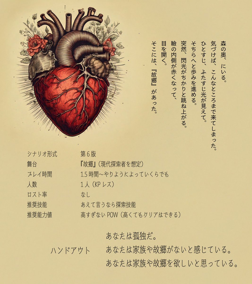 ax_cupsoup's tweet photo. CoC6シナリオ紹介
◤ 百色のふるさと ◢

RPしようと思えばどこまでも、 『孤独』な探索者に『故郷』を与えるKPレス。

｜きみのふるさとは、
｜今日、突然あらわれた。

KPレス
https://t.co/7dWYhf8wqR https://t.co/PA9RxoPS30