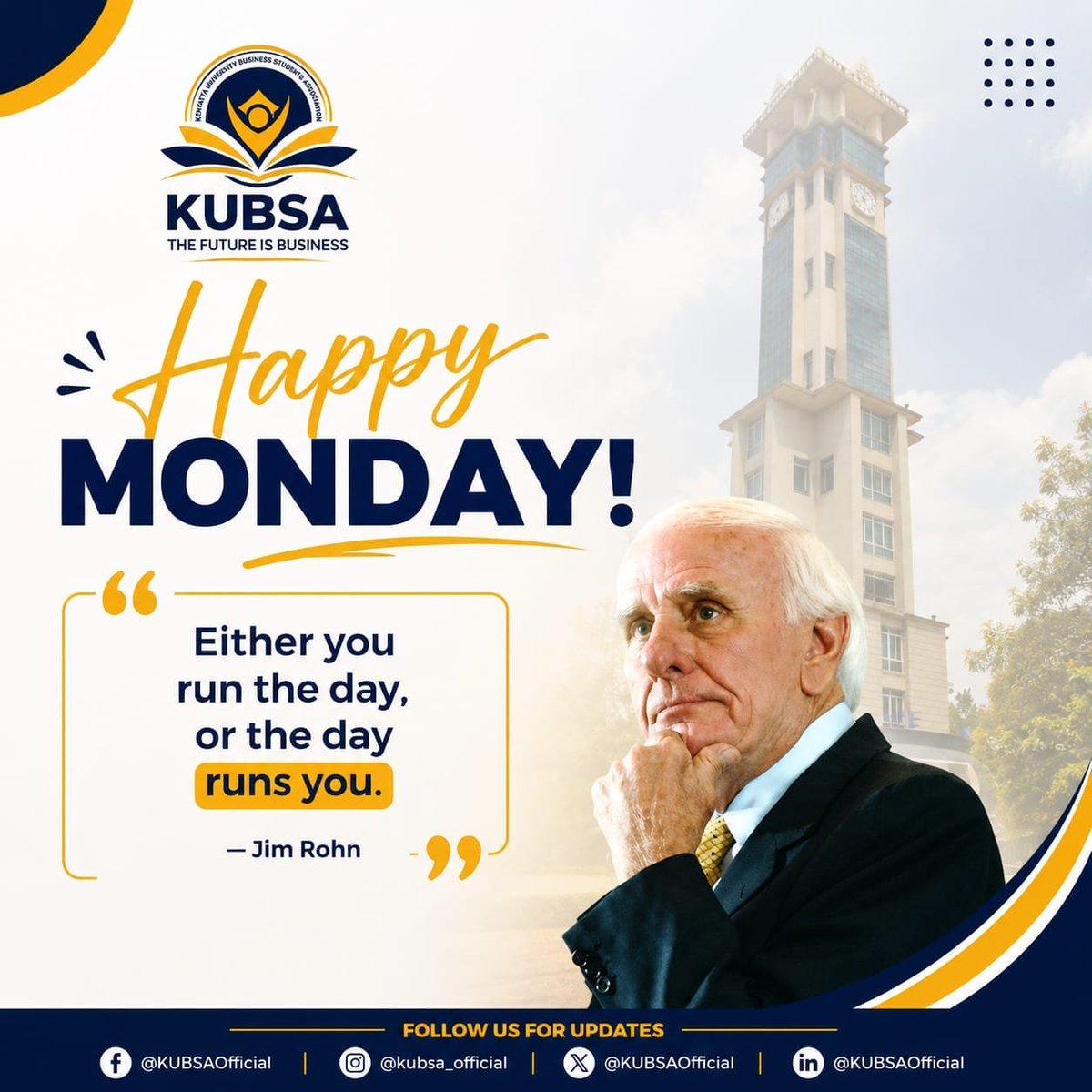 KUBSA_Official's tweet photo. Wadau, Monday is here! 😅

Will you RUN the day or will the day RUN YOU? 💭

 "Either you run the day, or the day runs you." Jim Rohn.

This week, we don't just survive it, we own it.

Happy Monday from KUBSA! ✨

The Future is Business.

#KUBSA #TheFutureIsBusiness https://t.co/sHFYnefzIG