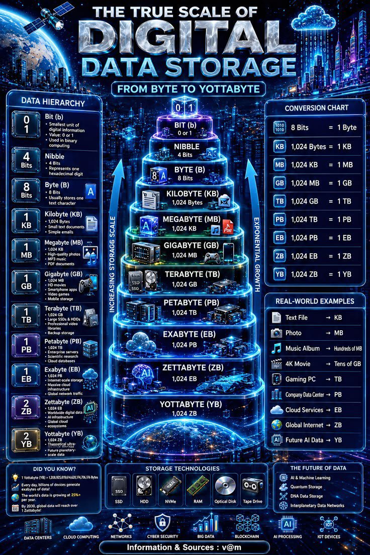 Novazwra's tweet photo. Digital data is growing at an incredible scale—from bits and bytes to yottabytes. 🌐💾
The future belongs to data, AI, cloud computing, and smarter storage. 🚀🤖 https://t.co/ocidYOWSCZ