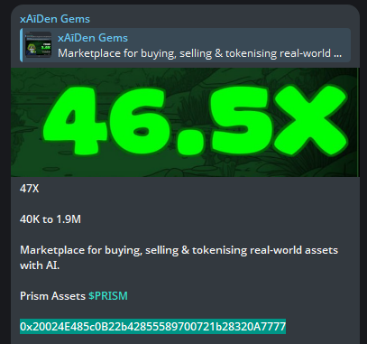 xAidenCrypto's tweet photo. Prism Assets $PRISM NEW ATH 

Marketplace for buying, selling & tokenising real-world assets with AI. 

Called at 40K MCAP 

47X Profit 

From 40K to 1.9M 

0x20024e485c0b22b42855589700721b28320a7777