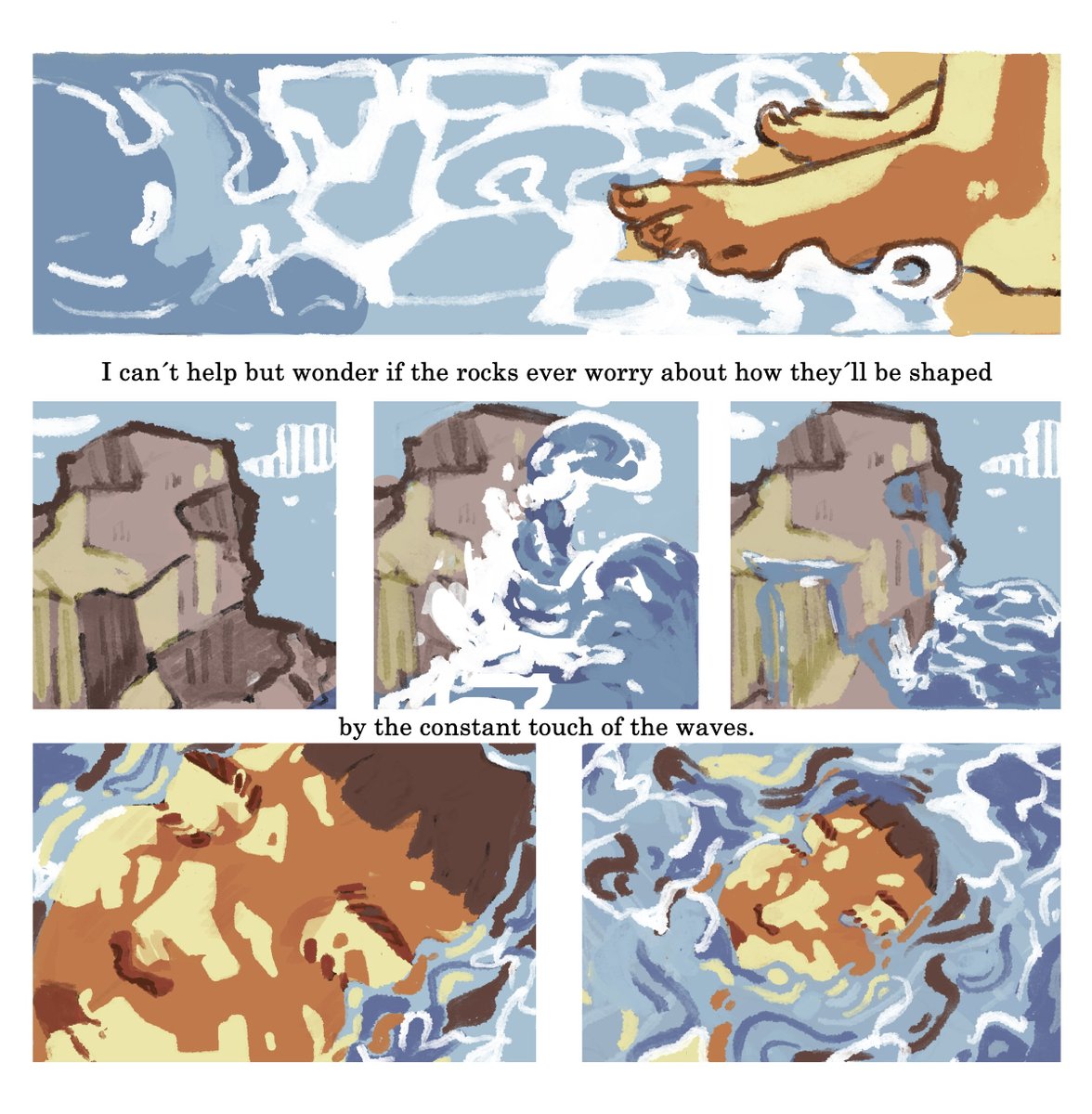 thirdbearpress's tweet photo. "I can't help but wonder if the rocks ever worry about how they'll be shaped by the constant touch of the waves."

From Between Me and Tides by Claudia Palmez.  Read the full comic in BOXES Comic Magazine Vol. 5!

Funding on Kickstarter just now: https://t.co/LVYedAD2wA https://t.co/QopZrMoLqw