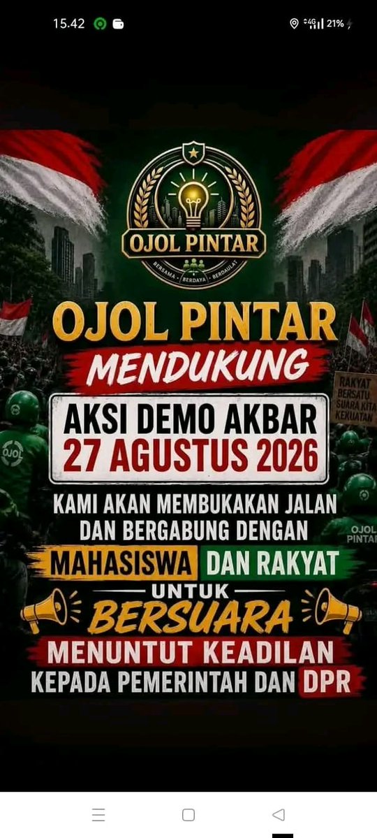 Boediantar4's tweet photo. OJOL PINTAR DUKUNG AKSI 27.08.26
Kite dukung bersama🤝 https://t.co/uneIBlbT2J