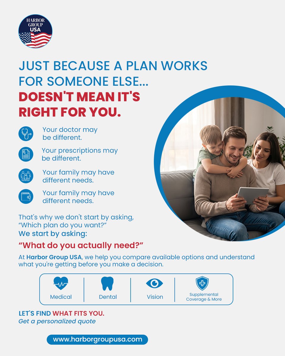 HarborGroupUsa's tweet photo. Your needs are unique, and your coverage should be too. 💙

Consider your doctors, prescriptions, family needs, and budget before choosing a plan.

Explore your options with HarborGroupUSA.
📲 Get your quote: https://t.co/YZeer728sS

#harborgroupusa #healthcoverage https://t.co/zjX9ubGPWJ