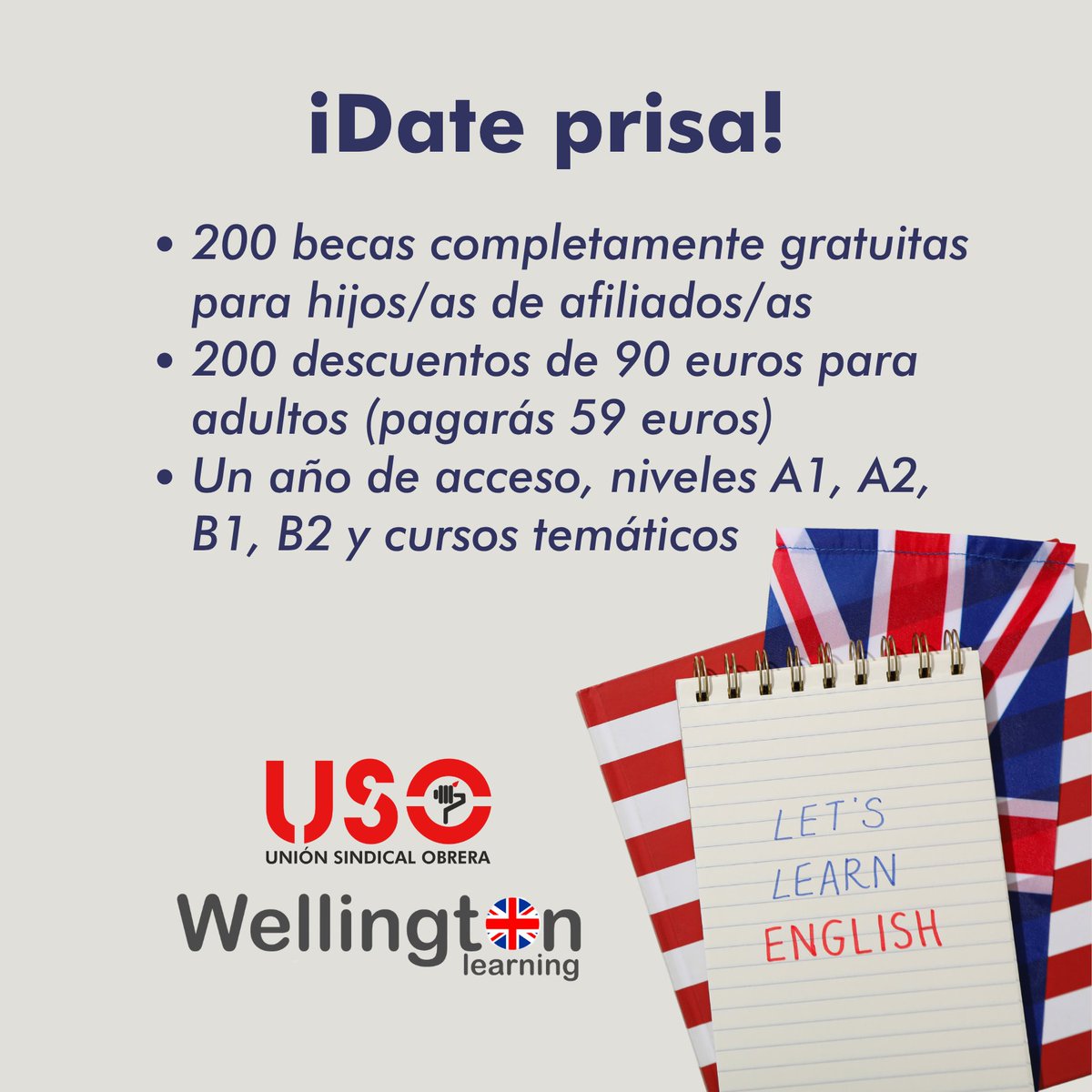 SindicatoUSO's tweet photo. ¡Quedan muy pocas plazas para aprender inglés con #USO y Wellington!
🔴 Adultos: 59 €
🔴 Hijos/as: becas gratuitas
🪜 Niveles: A1, A2, B1 y B2
⏳ Acceso ilimitado durante 1 año
📩 promociones@uso.es

👉 https://t.co/KO6dSQMRb4
#Formación #Inglés https://t.co/9eJdvHWCgi