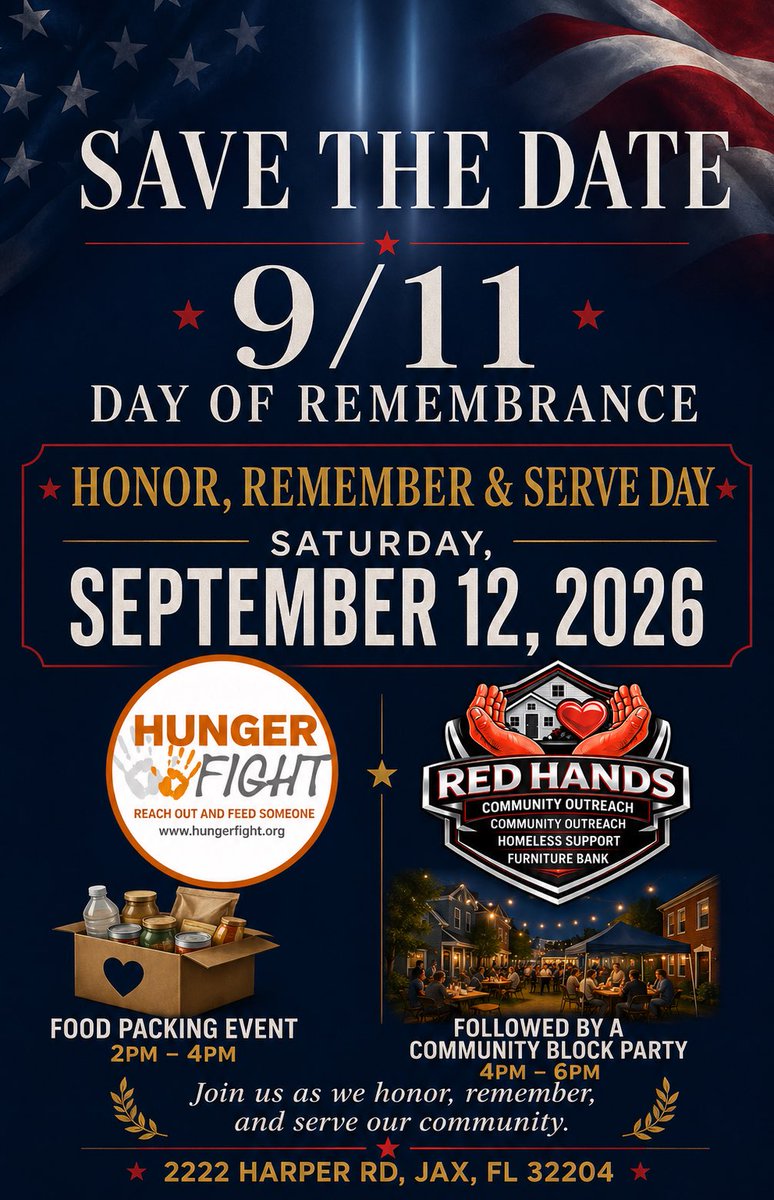 IsraelVinson3's tweet photo. 🇺🇸 Join Us for a 9/11 Remembrance Community Block Party! 🇺🇸

Everyone is welcome to join us on Saturday, September 12, from 4:00–6:00 PM for an afternoon of community, remembrance, and togetherness.

Bring the entire family and enjoy:

🚚 Food trucks
🎨 Face painting
🍧 Snow cones
🎉 Music, fun, and much more!

Let’s come together to honor and remember the lives we lost, recognize the heroes who served, and celebrate the strength and unity our country has shown since that tragic day.

📍 Hunger Fight
2222 Harper Road
Jacksonville, FL 32204

Come out, bring your family and friends, and help us make this a meaningful day of remembrance and community! ❤️🤍💙

#NeverForget #September11 #CommunityBlockParty #RedHandsFamilyFoundation #HungerFight #Jacksonville